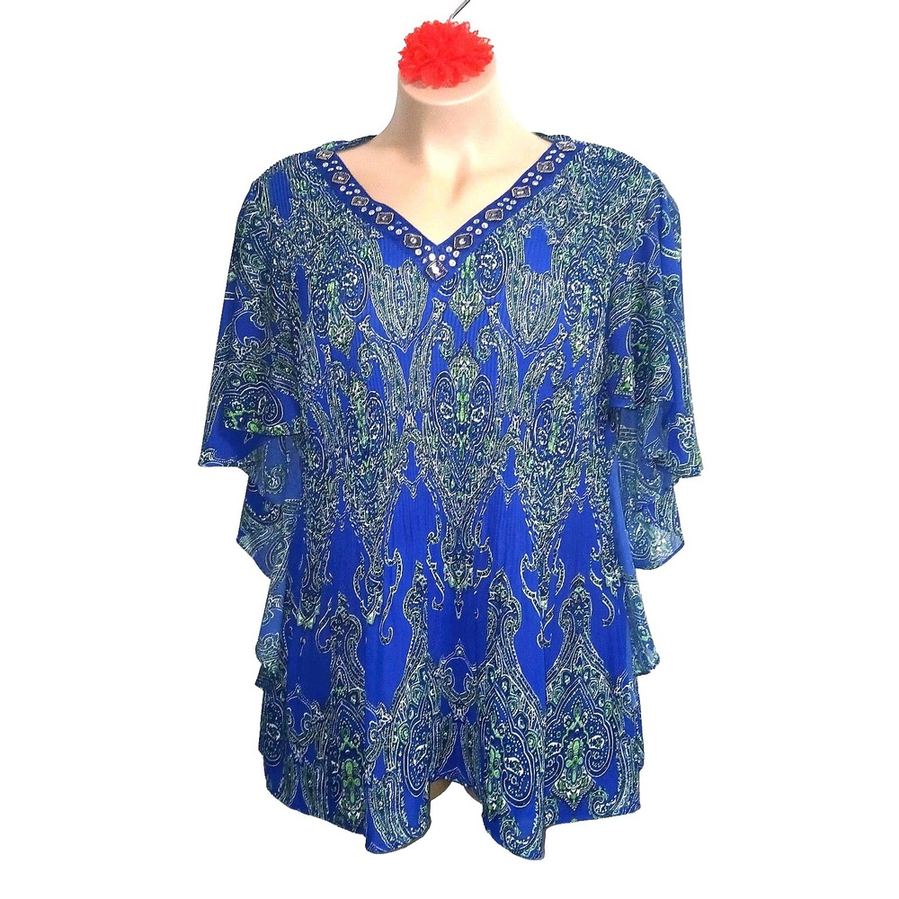 Catherines Women Top 18 20W Blue Accordion Beaded Neckline Angel Sleeve Paisley